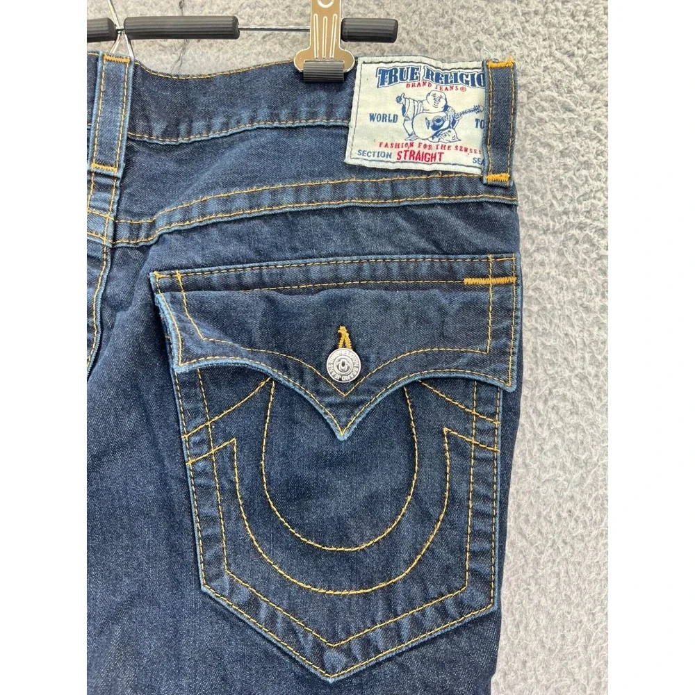 TRUE RELIGION Mens 42 (38x32 Act) Straight Flap Red Orange Blue World Tour Jeans